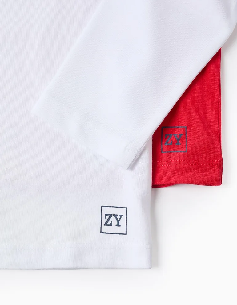Pack of 2 Long-Sleeved Cotton T-shirts for Boys, White/Red - 3