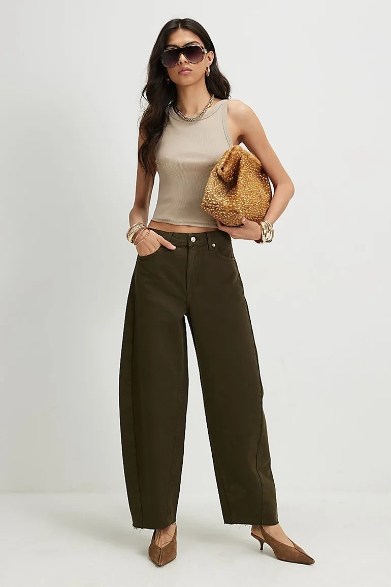 Khaki Twist Seam Barrel Leg Jeans