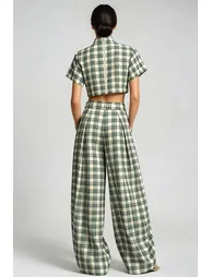 Hapi Plaid Crop Baggy Pants Set In Green - 2
