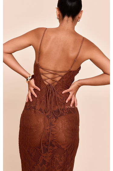 Chocolate Textured Lace Up Maxi Dress product thumbnail 4