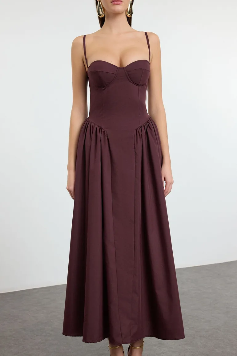 Brown A-Line Poplin Woven Dress - 1