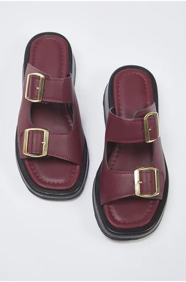 Burgundy Double Banded Buckle Detailed Thick Sole Women's Slippers