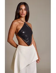 Petite Black Faux Leather Halterneck Asymmetric Hem Open Back Top - 3