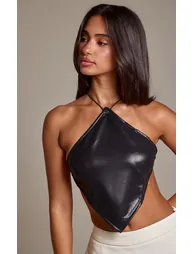 Petite Black Faux Leather Halterneck Asymmetric Hem Open Back Top - 1