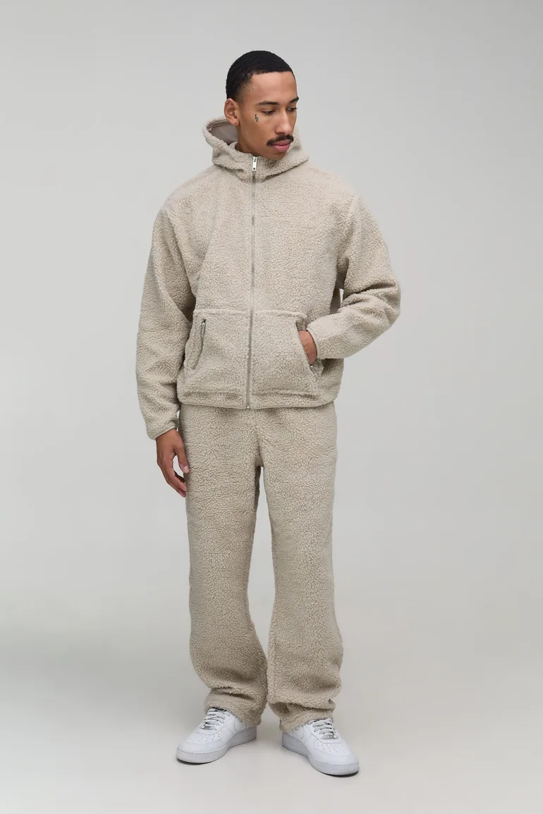 Oversized Boxy Zip Through Hooded Tracksuit - stone
