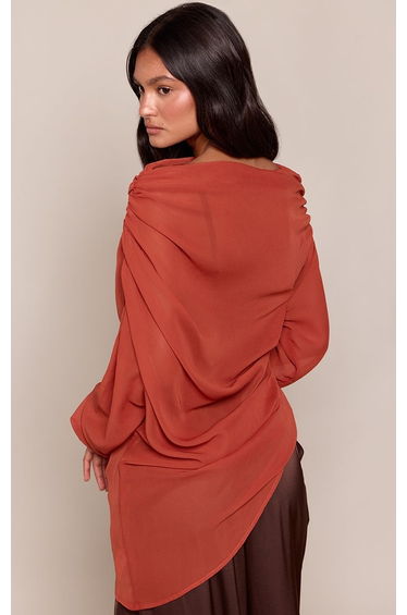 Burnt Orange Chiffon Drape Long Sleeve Top product thumbnail 3