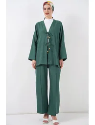 BDART Linen Blend Binding Detailed Cardigan and Rib Detail Wide Leg Pants Set - 2