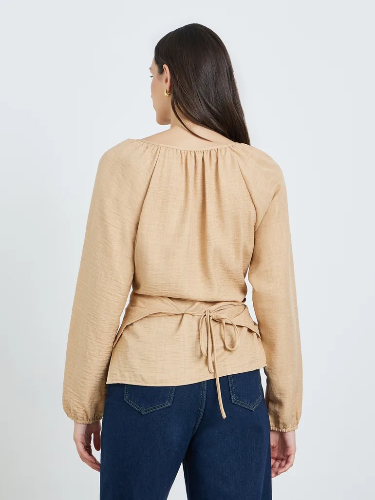 Beige Long Sleeve Wrap Blouse - 4