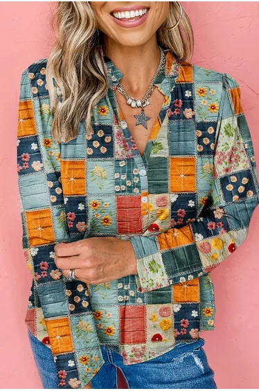 Lvness Sky Blue Fall Floral Half Placket Collared V Neck Blouse