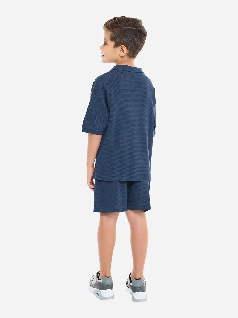 Boys Textured Polo T-Shirt and Patch Detail Shorts Set - 1
