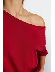 Red 100% Cotton Oversize/Wide Pattern Boat Neck Knitted T-Shirt - 3