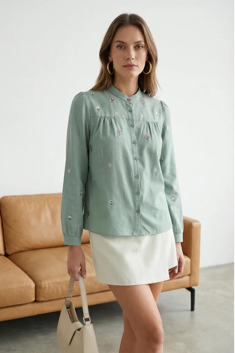 Green Embroidered Woven Shirt - 4