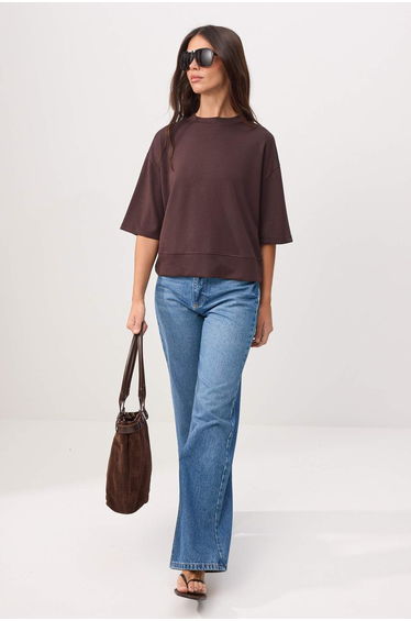 Brown Oversized /Wide Fit Low Sleeve Three Quarter Soft Touch Knitted T-Shirt product thumbnail 2
