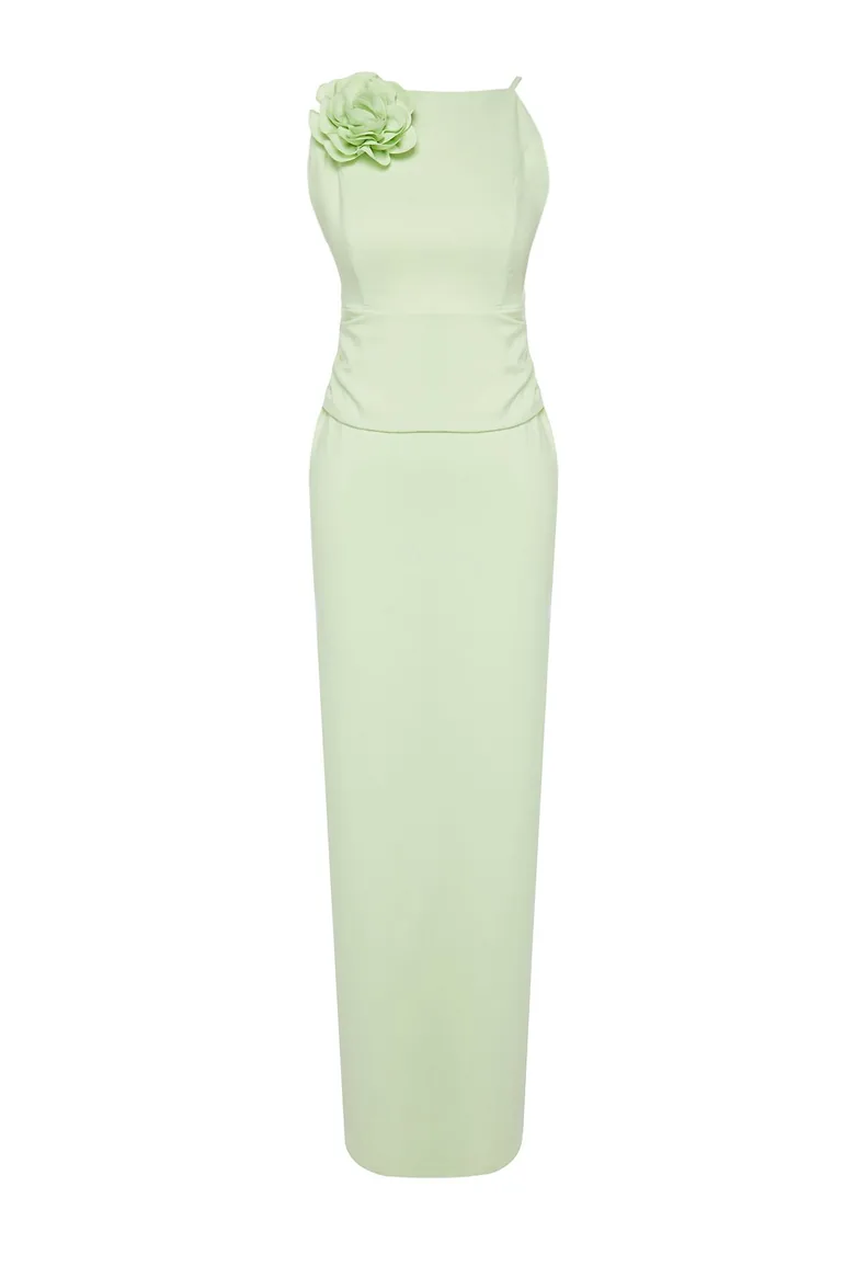 Light Green Rose Detailed Woven Long Elegant Evening Dress - 5