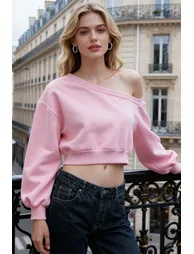 Pink Regular Fit Thick Inside Fleece Crop Asymmetrical Collar Knitted Sweatshirt - 1