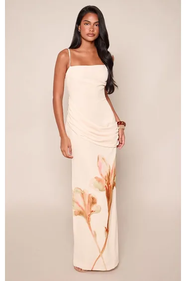Cream Floral Print Bandeau Drape Detail Maxi Dress