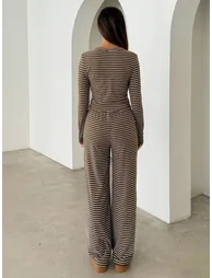 Brown Striped Crop Top and Pants Set - 2