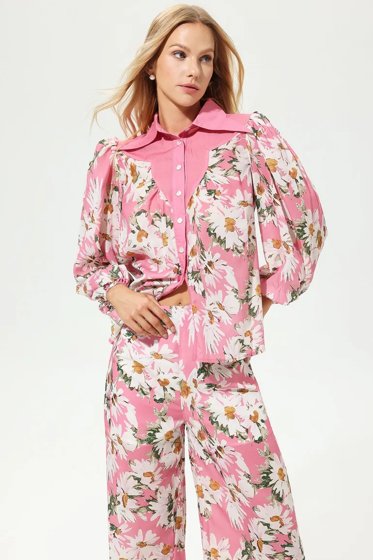 Léana Floral Lapel Wide Leg Pants Set - 1