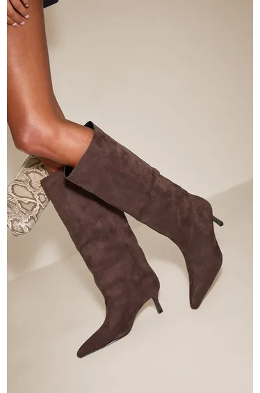 Chocolate Faux Suede Snipped Toe Low Heel Knee Boots