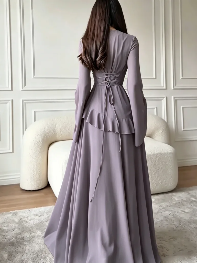 Grey Ruffle Detail Bell Sleeves Maxi Dress - 4