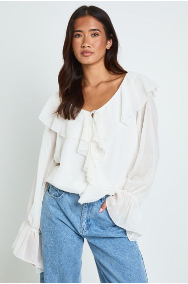 Ruffle Plunge Blouse - white product thumbnail 2