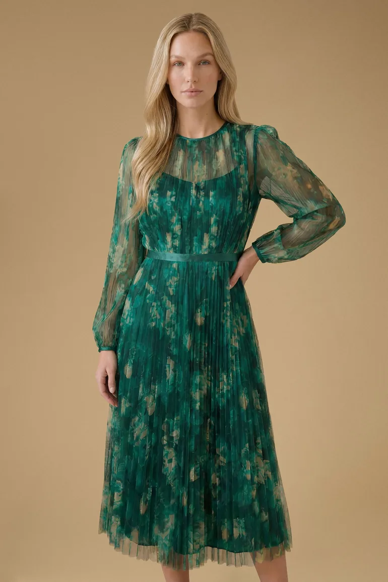Floral Mesh Balloon Sleeve Midi Dress - 3