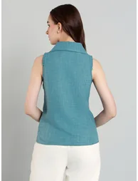 Women Blue Plain Sleeveless Top with Wide Collar - 4