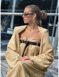 Buttoned Long Sleeves Collarless Outerwear Top + Wide Leg Belted Jumpsuits Two Pieces Set - 2