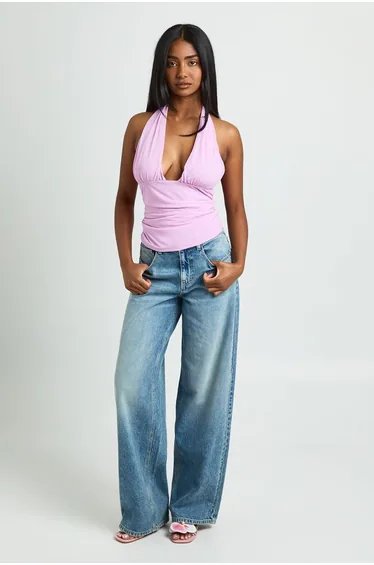 Textured Deep Plunge Halter Neck Top - pink
