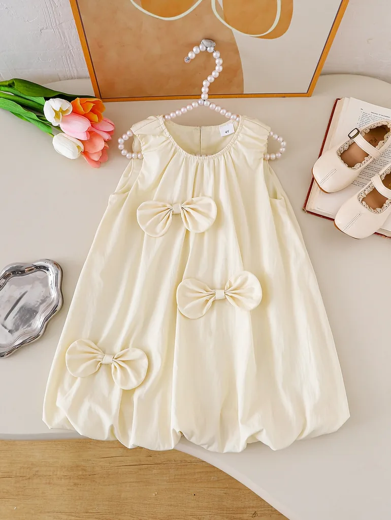 Girls Beige Sleeveless Dress with Bows