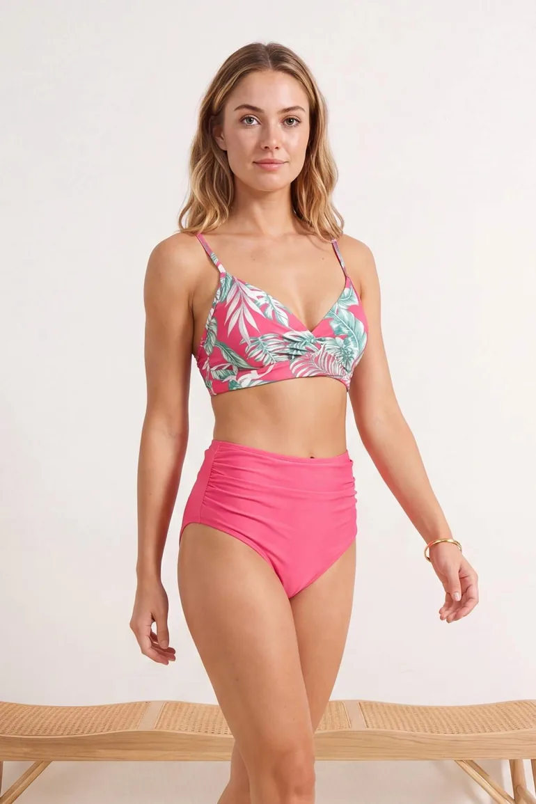 Floral Pattern Draped Triangle Covered Hipster High Waist Bikini Set