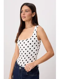 Ecru Polka Dot Fitted Pool Neckline Sleeveless Snap Fastener Stretchy Knitted Bodysuit - 1