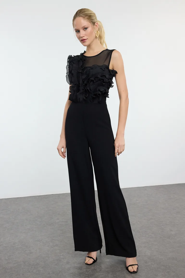 Black Tulle Detailed Woven Jumpsuit