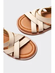 Beige Leather Women's Flat Sandals - 1