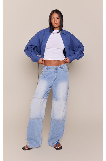Tall Ice Blue Contrast Panel Wide Leg Jeans