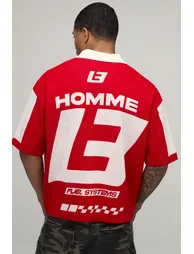 Oversized Boxy Moto Jacquard Knitted Polo - red - 1