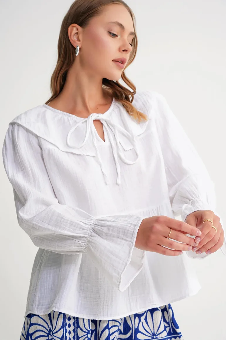 Mixray Frilly Shawl Collar Blouse with Tie Closure - 3