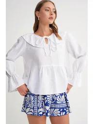 Mixray Frilly Shawl Collar Blouse with Tie Closure - 2