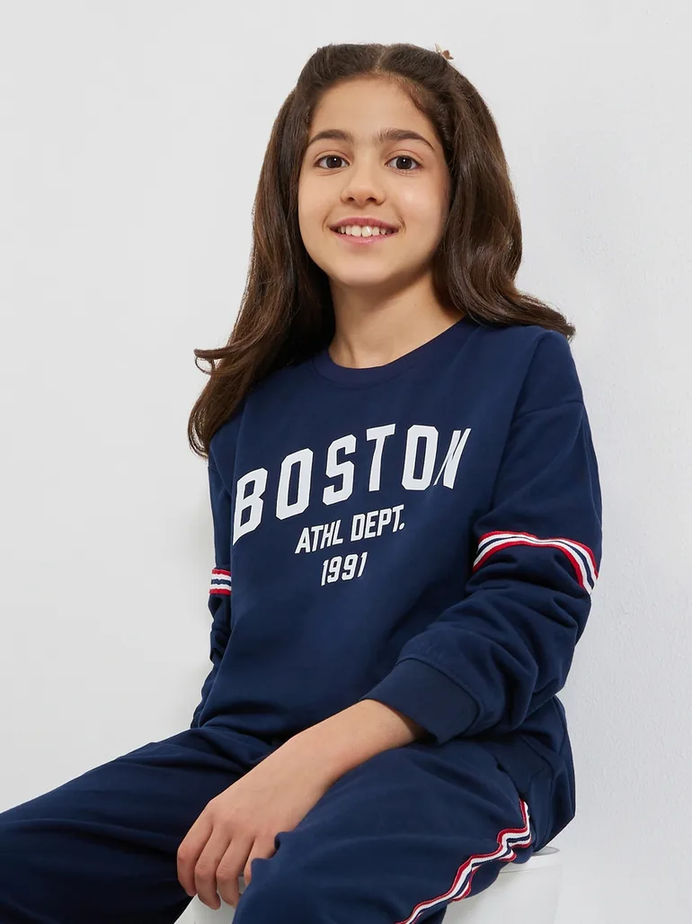 Teens Navy Blue Boston Print Cotton Sweatshirt - 1