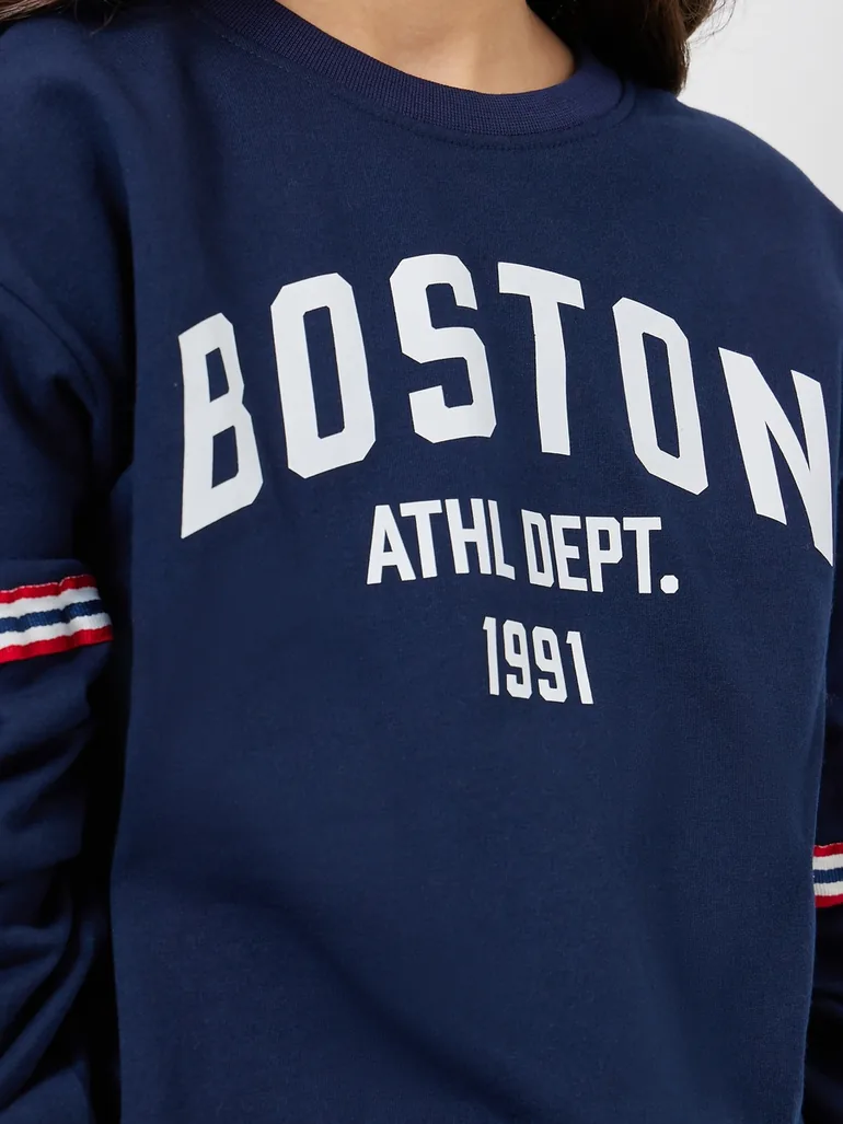 Teens Navy Blue Boston Print Cotton Sweatshirt - 3