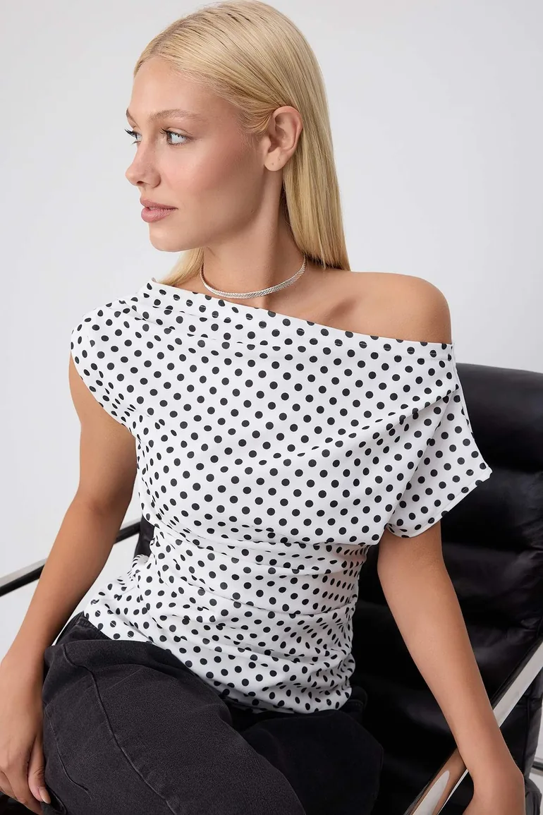 Multi-Colored Polka Dot Gathered/Drape Detailed Flowy Asymmetrical Neckline Knitted Blouse - 2