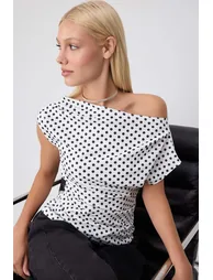 Multi-Colored Polka Dot Gathered/Drape Detailed Flowy Asymmetrical Neckline Knitted Blouse - 2