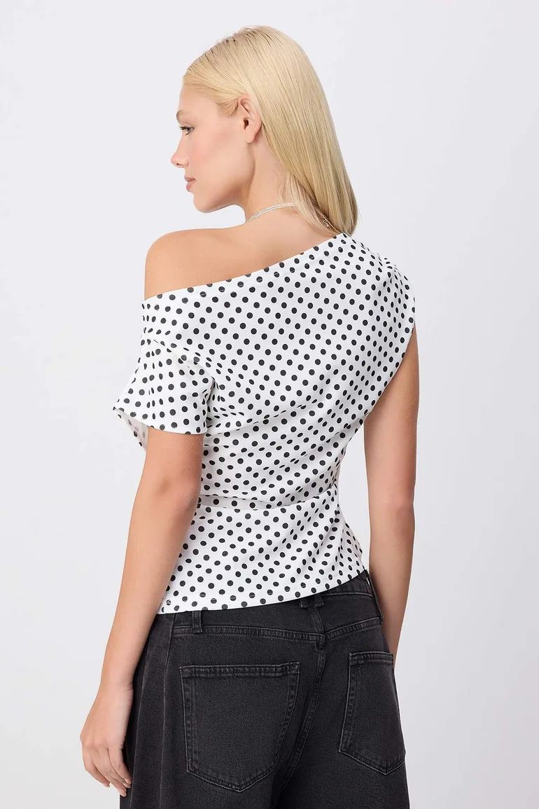 Multi-Colored Polka Dot Gathered/Drape Detailed Flowy Asymmetrical Neckline Knitted Blouse - 4