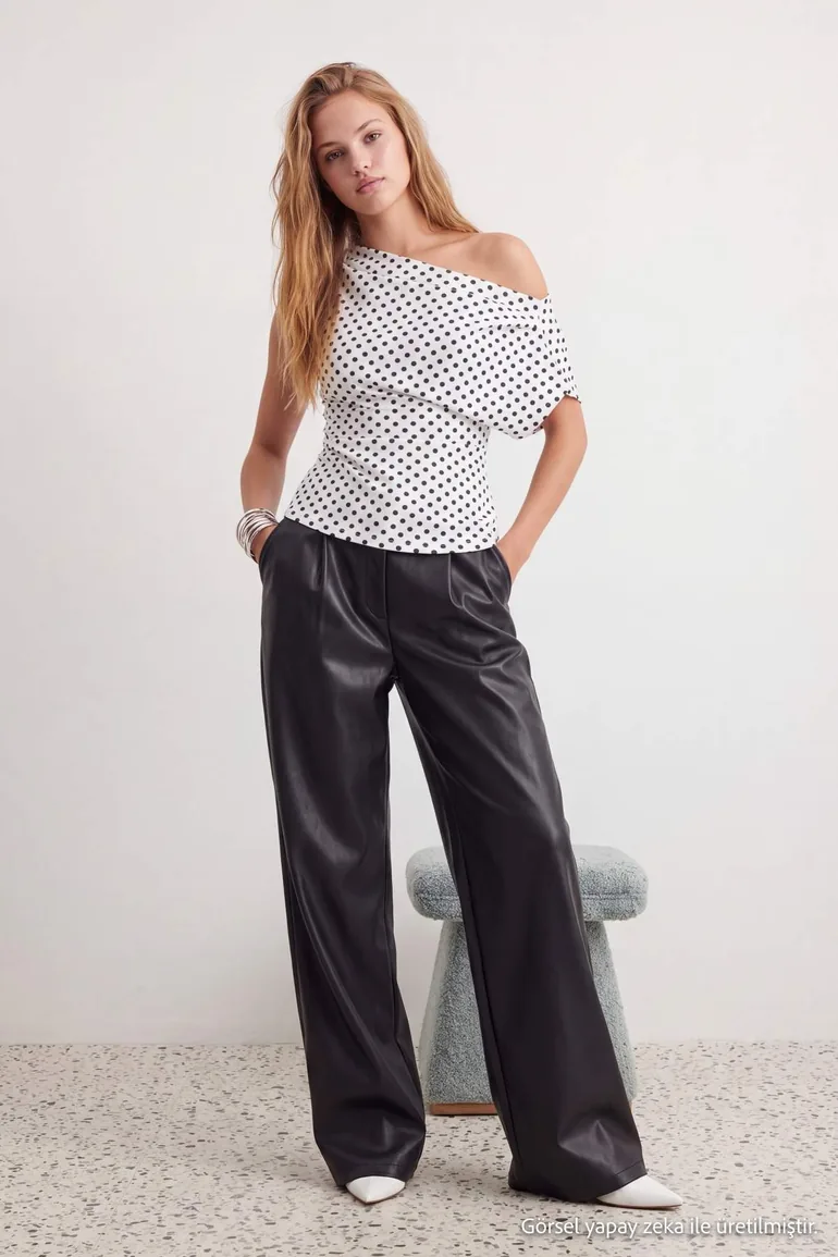 Multi-Colored Polka Dot Gathered/Drape Detailed Flowy Asymmetrical Neckline Knitted Blouse