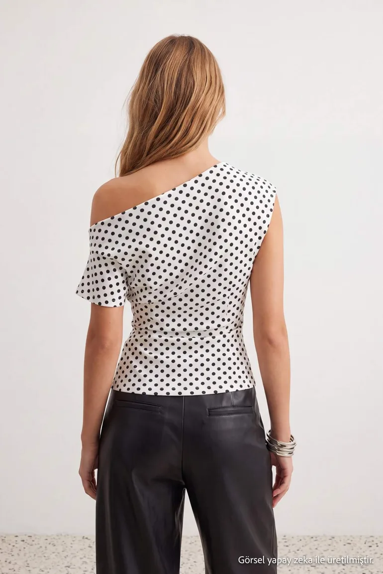 Multi-Colored Polka Dot Gathered/Drape Detailed Flowy Asymmetrical Neckline Knitted Blouse - 6
