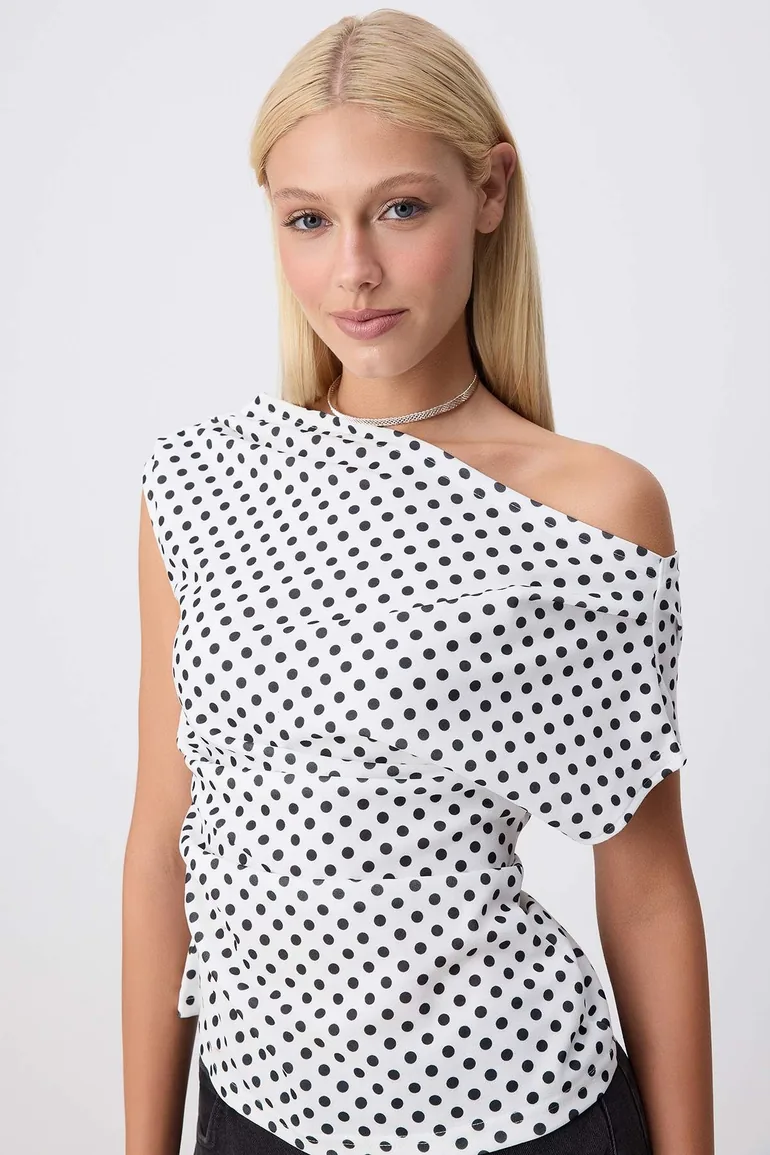 Multi-Colored Polka Dot Gathered/Drape Detailed Flowy Asymmetrical Neckline Knitted Blouse - 1