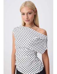 Multi-Colored Polka Dot Gathered/Drape Detailed Flowy Asymmetrical Neckline Knitted Blouse - 1