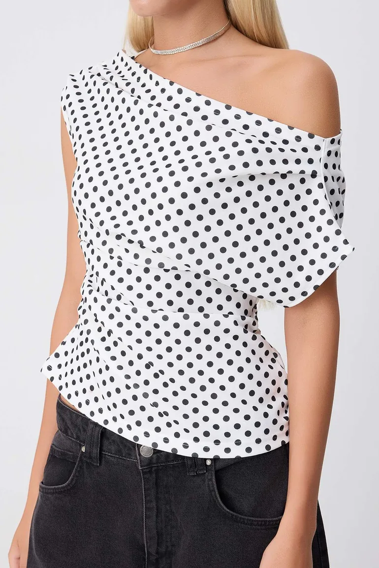 Multi-Colored Polka Dot Gathered/Drape Detailed Flowy Asymmetrical Neckline Knitted Blouse - 3