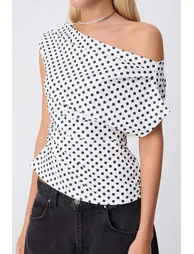 Multi-Colored Polka Dot Gathered/Drape Detailed Flowy Asymmetrical Neckline Knitted Blouse - 3