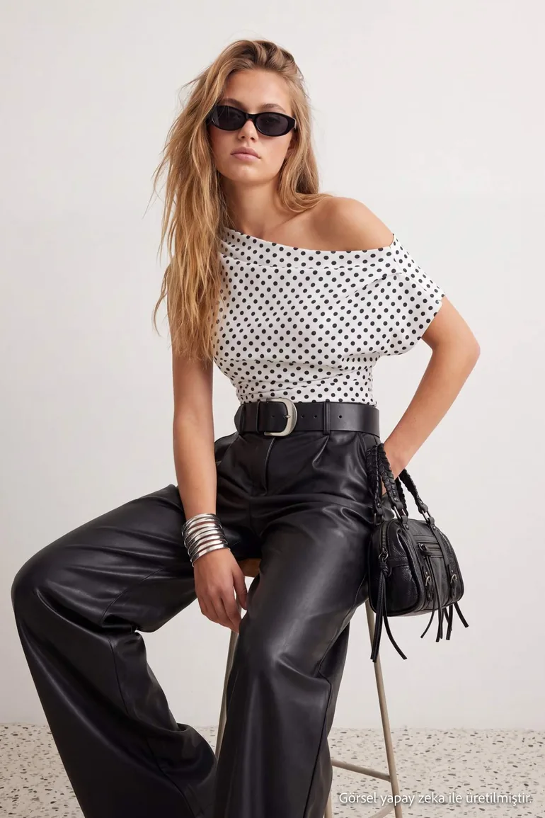 Multi-Colored Polka Dot Gathered/Drape Detailed Flowy Asymmetrical Neckline Knitted Blouse - 5